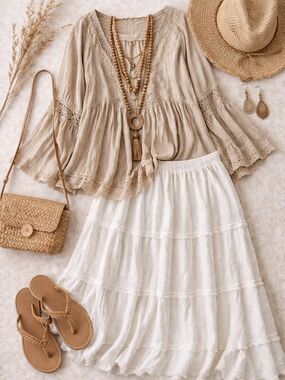 Color Me Cotton White Tiered Boho Skirt Made USA L